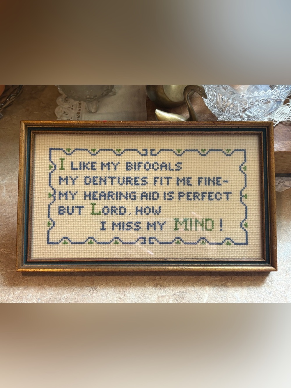 Vintage Framed Needlepoint Blue/Green Cross Stitch Funny